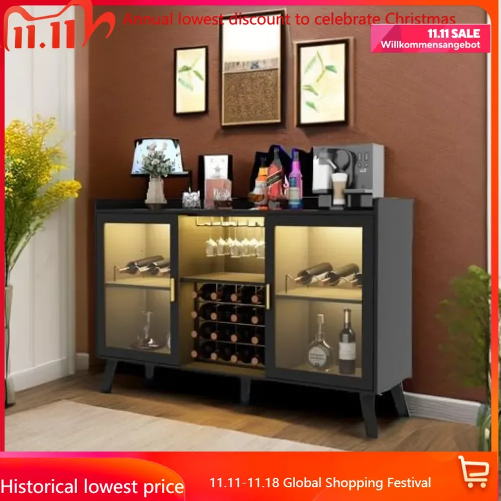 Wine Bar Cabinet with Led Light, Home Coffee Cabinet with Wine and Glass Rack, Kitchen Buffet Sideboard with Storage Shelves, Fr