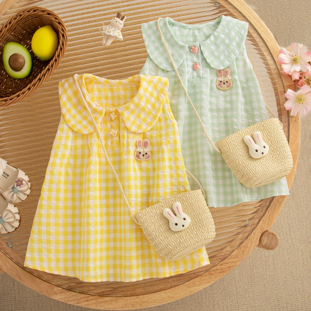 Baby Dresses Summer Plaid And Cartoon Bunny Ears Pattern Doll Neck Girls Dress Cute Casual Vacation Girl Kid's Dress With Bag
