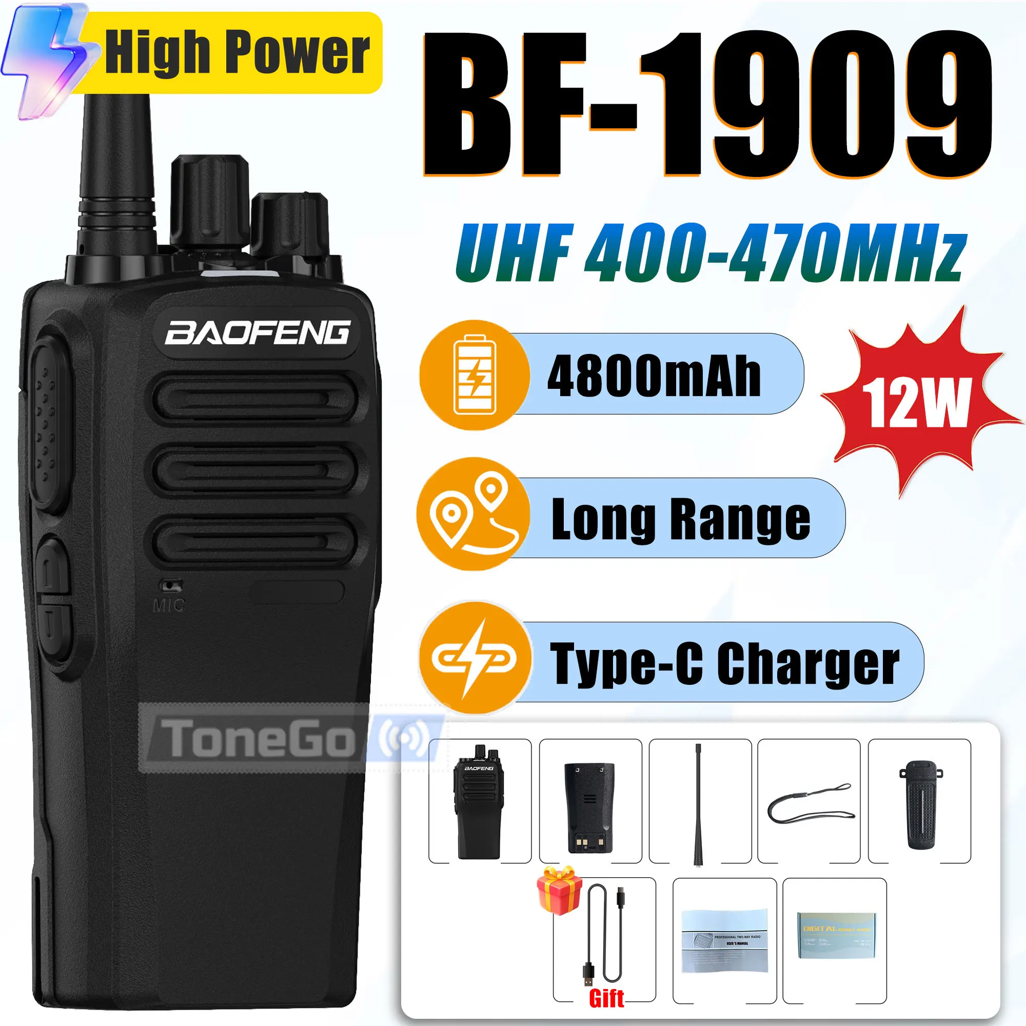 

BaoFeng BF-1909 Walkie Talkie BF 1909 UHF 12W High Power Type-C Charging Transmitter Long Range Two Way Radio For Hunting 1/2PCS