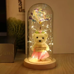 LED Galaxy Rose Bear Gift Box 24k Gold Foil Flower With Fairy String Lights In Dome Artificial Flower Valentine'S Day Gift 2024