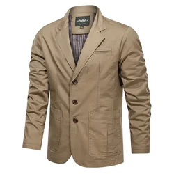 Men's New Spring Fashion Vintage Solid Color Suit Jacket, Korean Version of Casual Loose Lapel Long-sleeved Jacket with Pockets