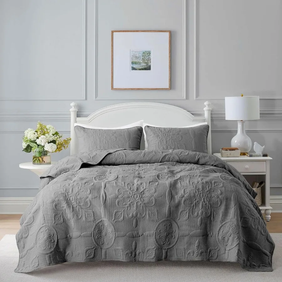 

Dark Grey Damask Quilt Queen Size Bedding Sets with 2 Pillow Shams Boho Bedspread Lightweight Soft Farmhouse Vintage Bohemian C