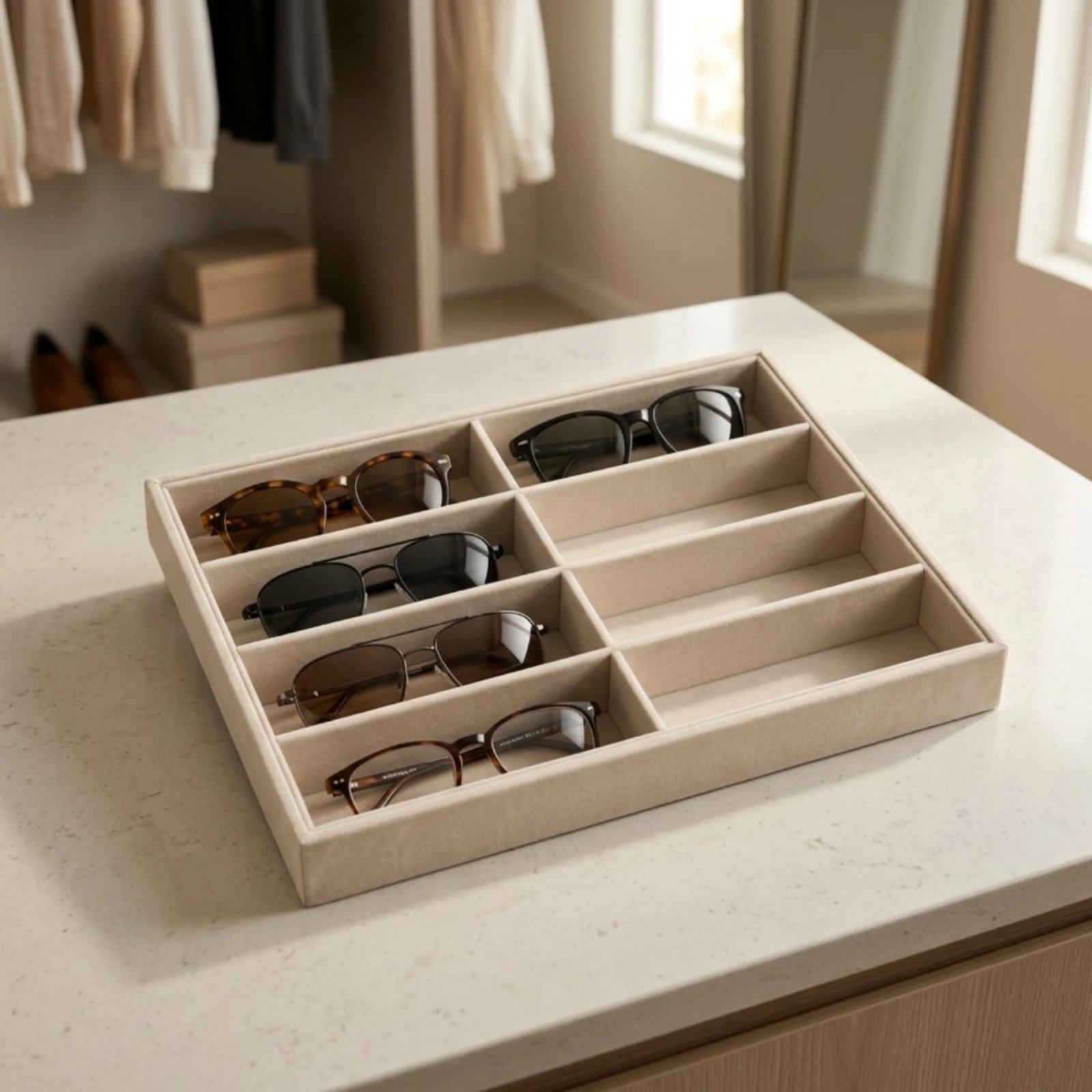 Glasses Tray with 8 Compartments Velvet-Lined Eyeglasses Organizer Eyewear Display Tray Divided Sunglass Storage Box Rectangular