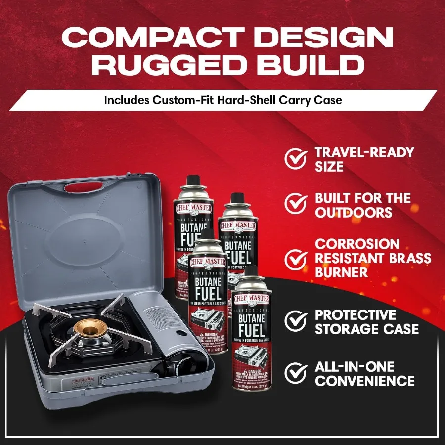 Chef-Master 90011 Stufa da appoggio butano 10 000 BTU portatile con custodia per il trasporto Bruciatore in ottone con accensione piezoelettrica ad alte prestazioni