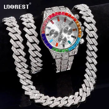 Hip Hop Men Women Watches Iced Out Necklace + Watch + Bracelet Set Bling 2 Row Prong Cuban Link Chain Necklace Hiphop Jewelry