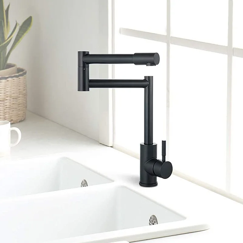 304 Stainless Steel Arm Swivel Extends Kitchen Sink Faucet Black/Nickel Hot And Cold Mixed Universal Folding Kitchen Sink Tap view 2