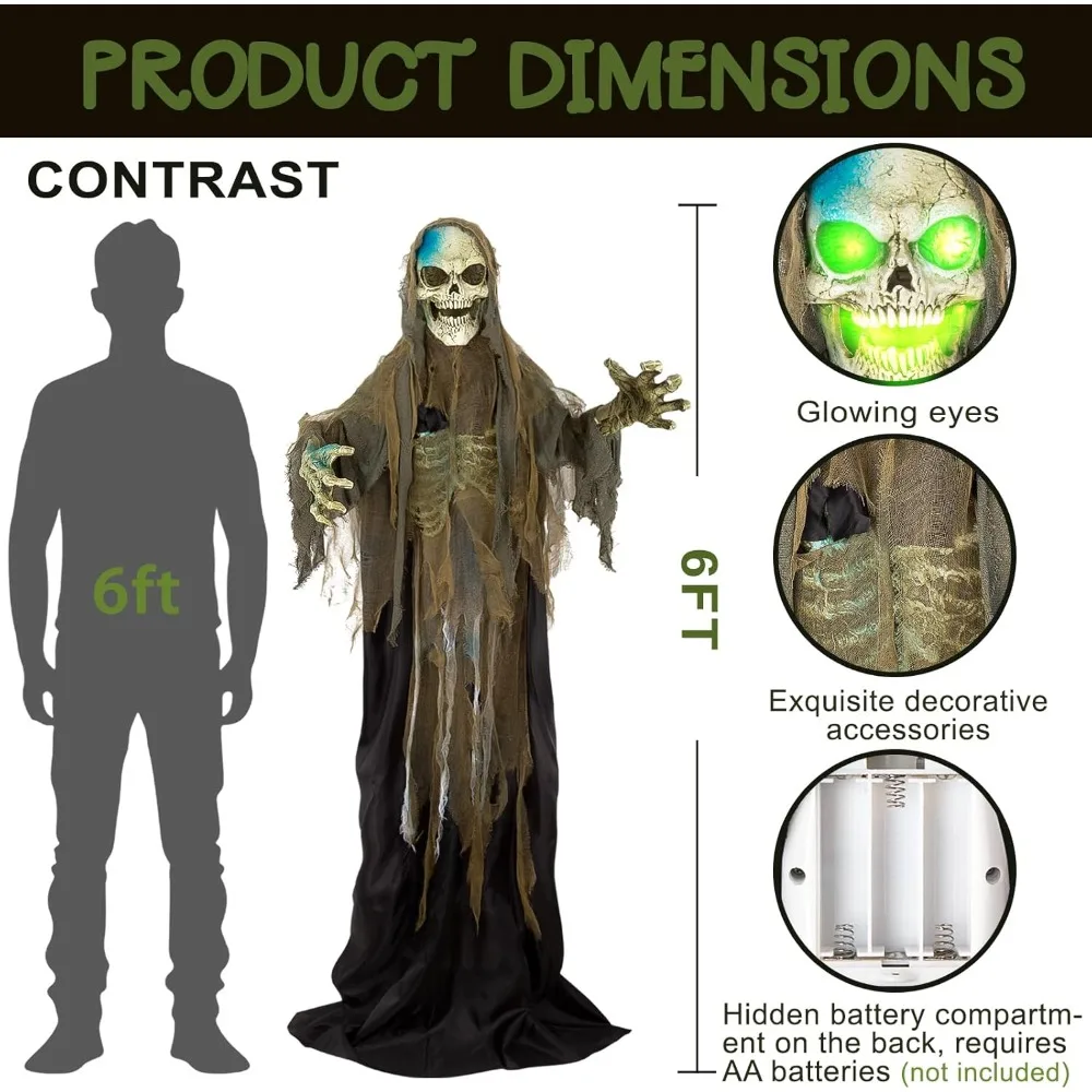 Life-Size 72 Standing Skeleton Animatronic with Sound, Touch-Activated Light-Up Eyes, and Motion for Halloween Decorations