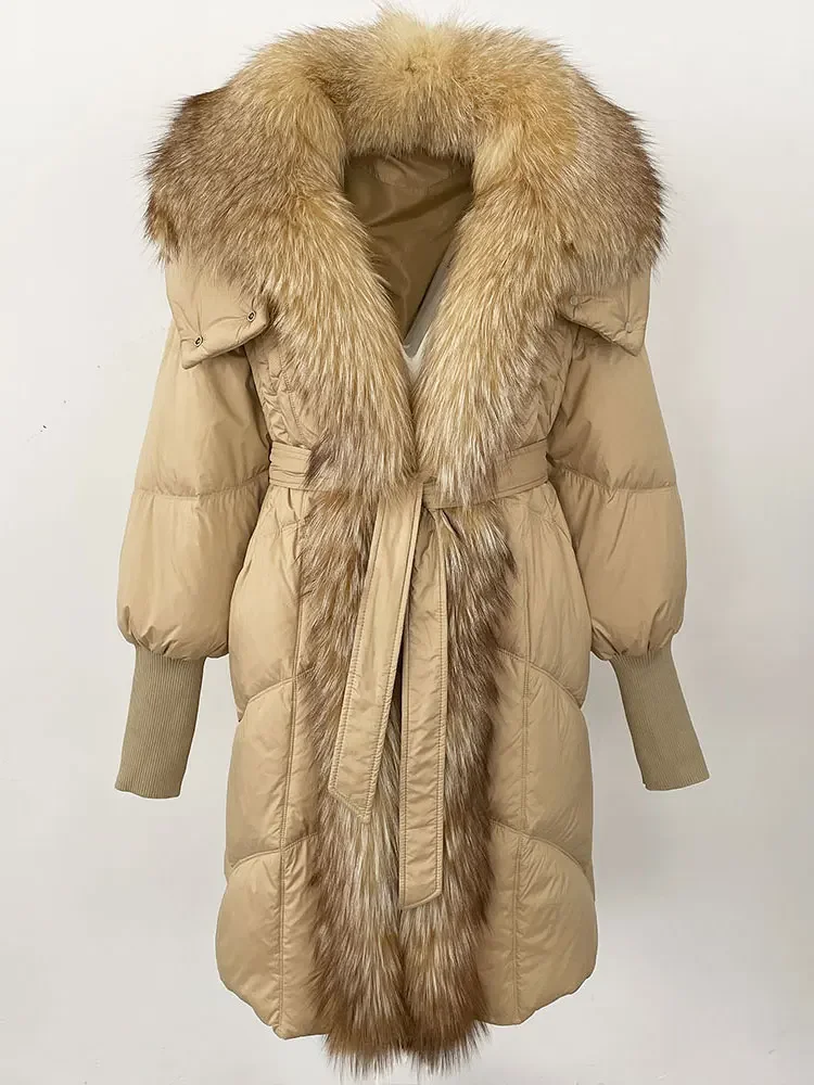 MENINA 2024 nova jaqueta de inverno feminina longa natural gola de pele de raposa real com capuz pato branco para baixo casaco grosso quente casual outerwear