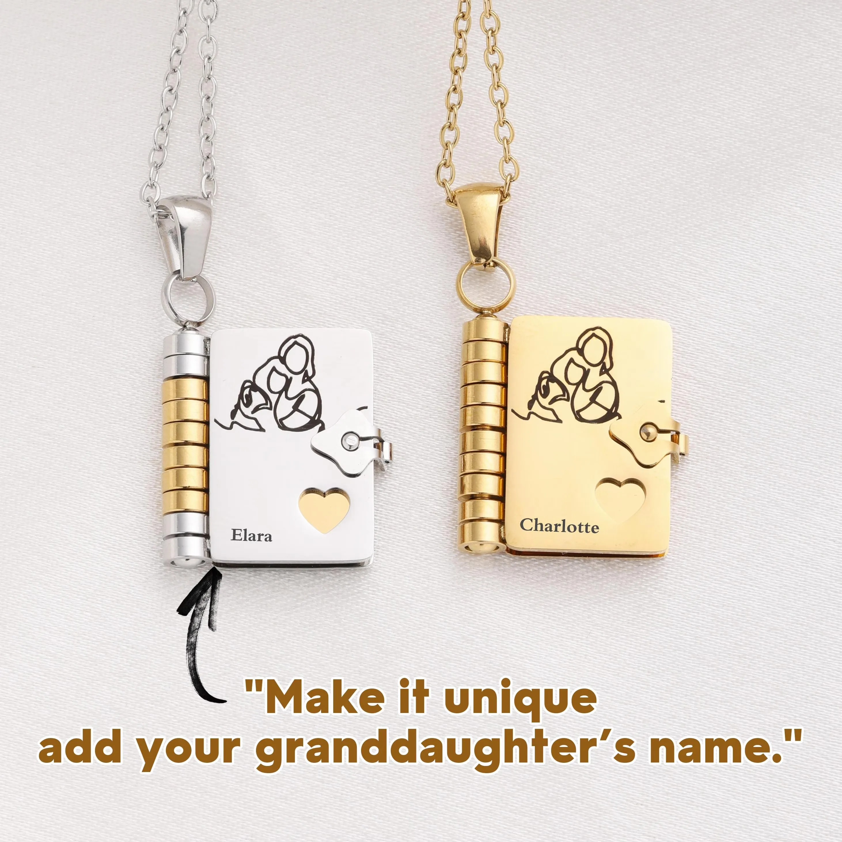 

Персонализированный мини-подвеска с любовью, индивидуальный текст, ожерелье-книга онучке, подвеска в виде сердца, подарок на память, бабушка, дедушка