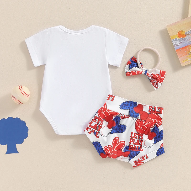 Newborn Baby Girl Baseball Outfit Hey Batter Romper Bloomer Shorts Set 3Pcs Infant Summer Clothes