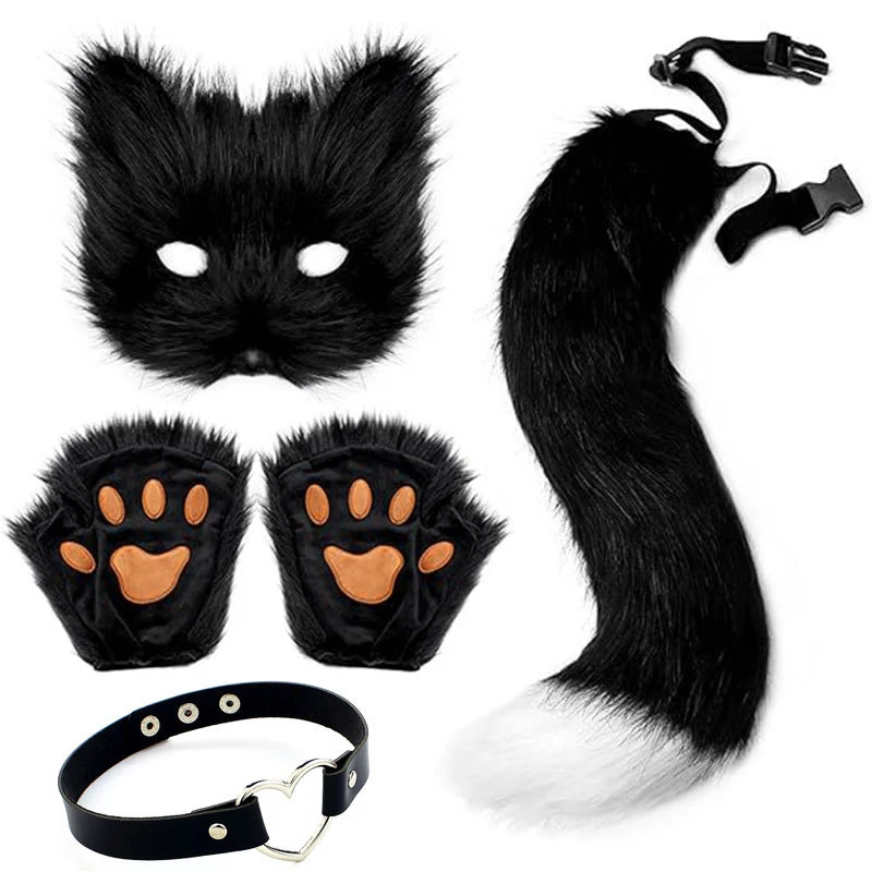 Faux Fur Fox Tail Cat Wolf Cosplay Costume Set Plush Mask  Halloween Christmas Party for Women