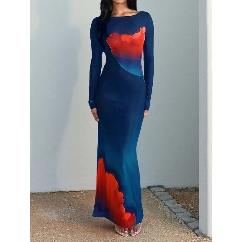 Herbst und Winter Wischen Premium Urlaub Elegante Neue Damen Hip Wrap Rock Sexy Blumendruck Rückenfreies Langarmkleid