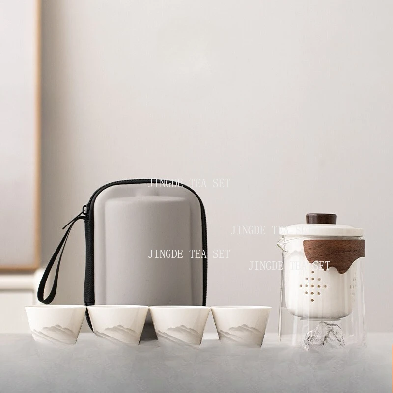 

Портативный керамический чайный сервиз для путешествий с одним горшком и четырьмя чашками можно хранить китайский кунг-фу чайный сервиз Мастерская чашка