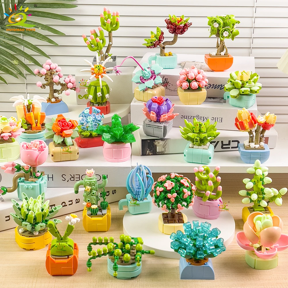 HUIQIBAO MOC Blume Sukkulenten Topf Modell Baustein DIY Ewiger Blumenstrauß Home Schreibtisch Pflanze Dekor Ziegel Mädchen Geschenk Kinder Spielzeug – Detail 1