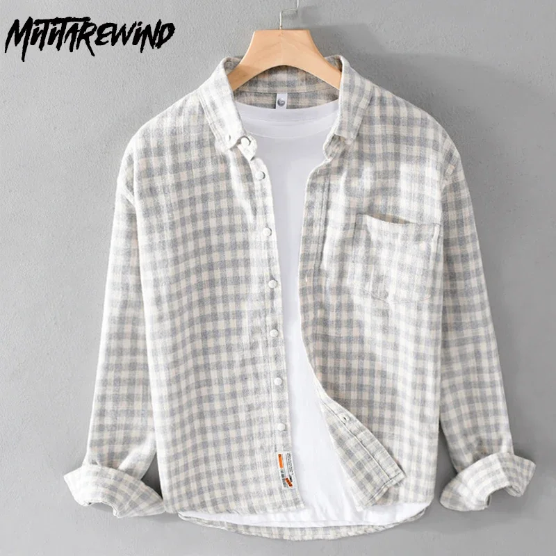 

Japanese Vintage Plaid Shirt Men Spring Fall Casual Long Sleeve Shirts Man Pure Cotton Brushed Shirt Daily Simple Ropa De Hombre