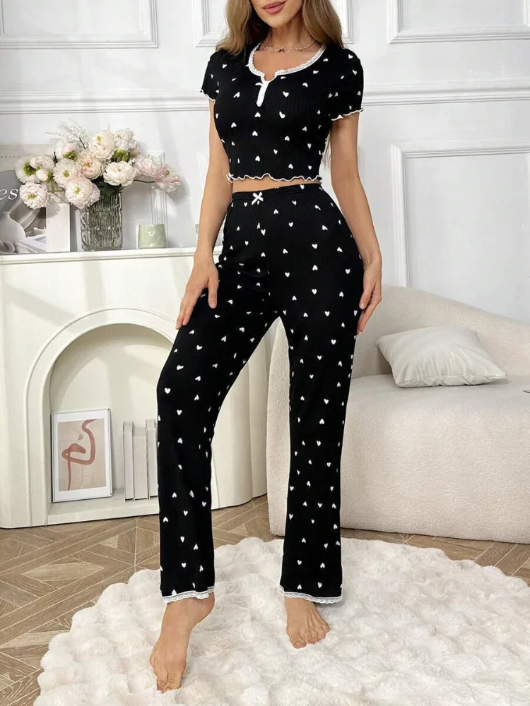 

Summer French Slim Fit Casual Women's Home 2-Piece Heart Print Curled Short Sleeve Top and High Waist Straight Pants Set