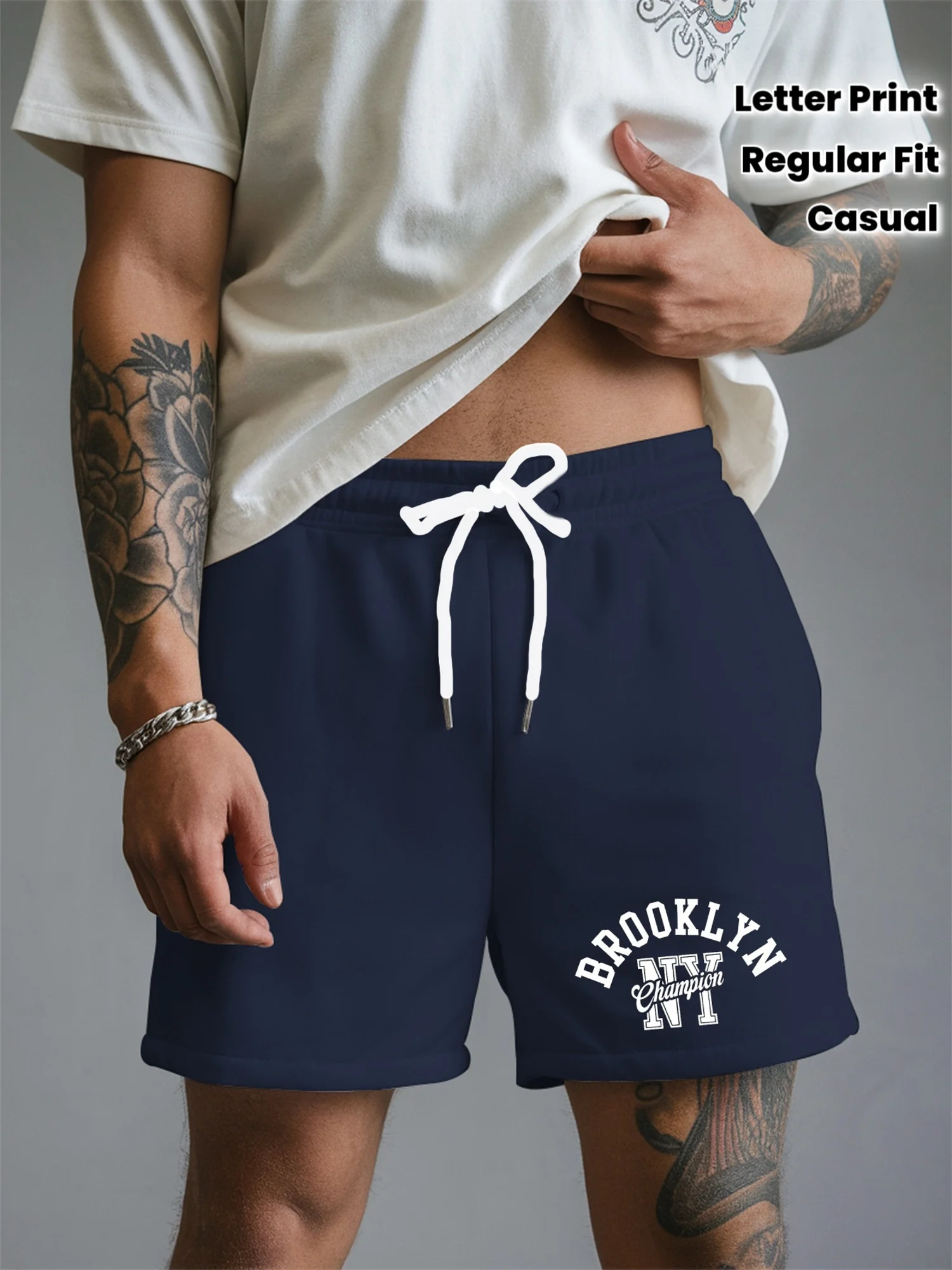 Men's Summer Brooklyn Letter Print Casual Shorts Loose Fit Elastic Waistband with Drawstring Suitable for Everyday Wear