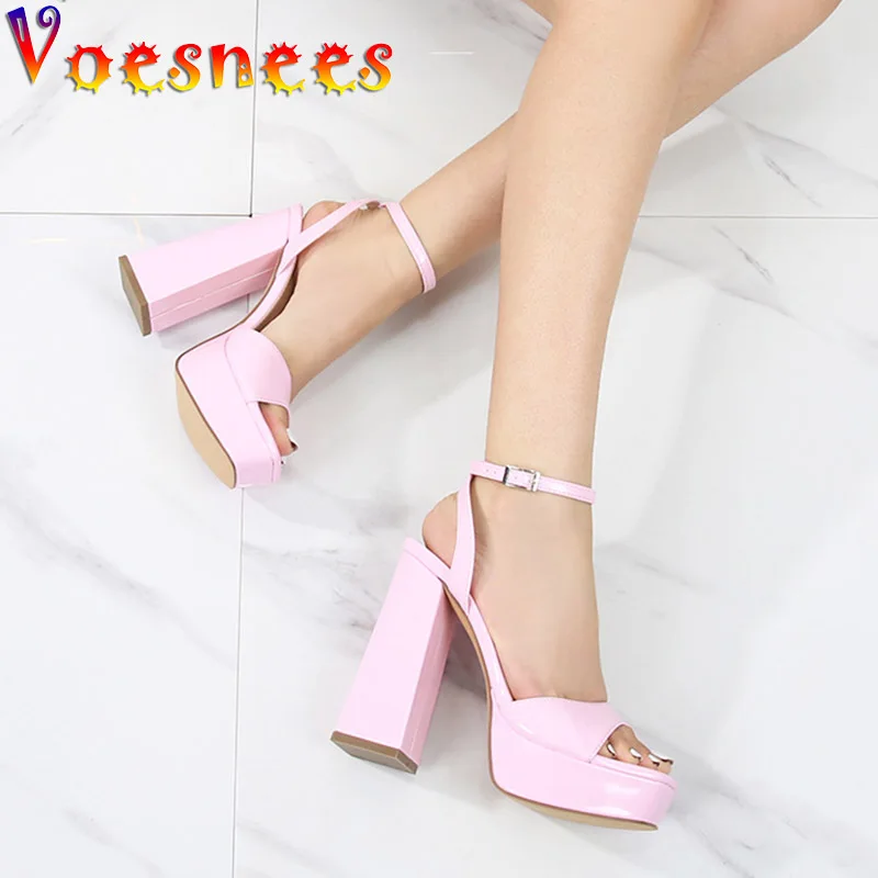 Ankle Buckle Strap Women Sandals Fashion Square Head High Heels Shoe Summer Office Shoes New Thick Heel Model Catwalk Show Pumps