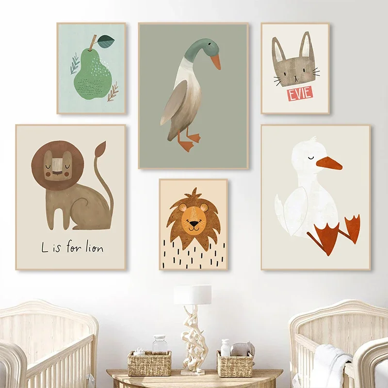 Nordic Cartoon Lion Rabbit Mouse Goose Duck Wall Art Canvas Painting Nursery Poster and Prints Pictures Baby Kids Room Decor