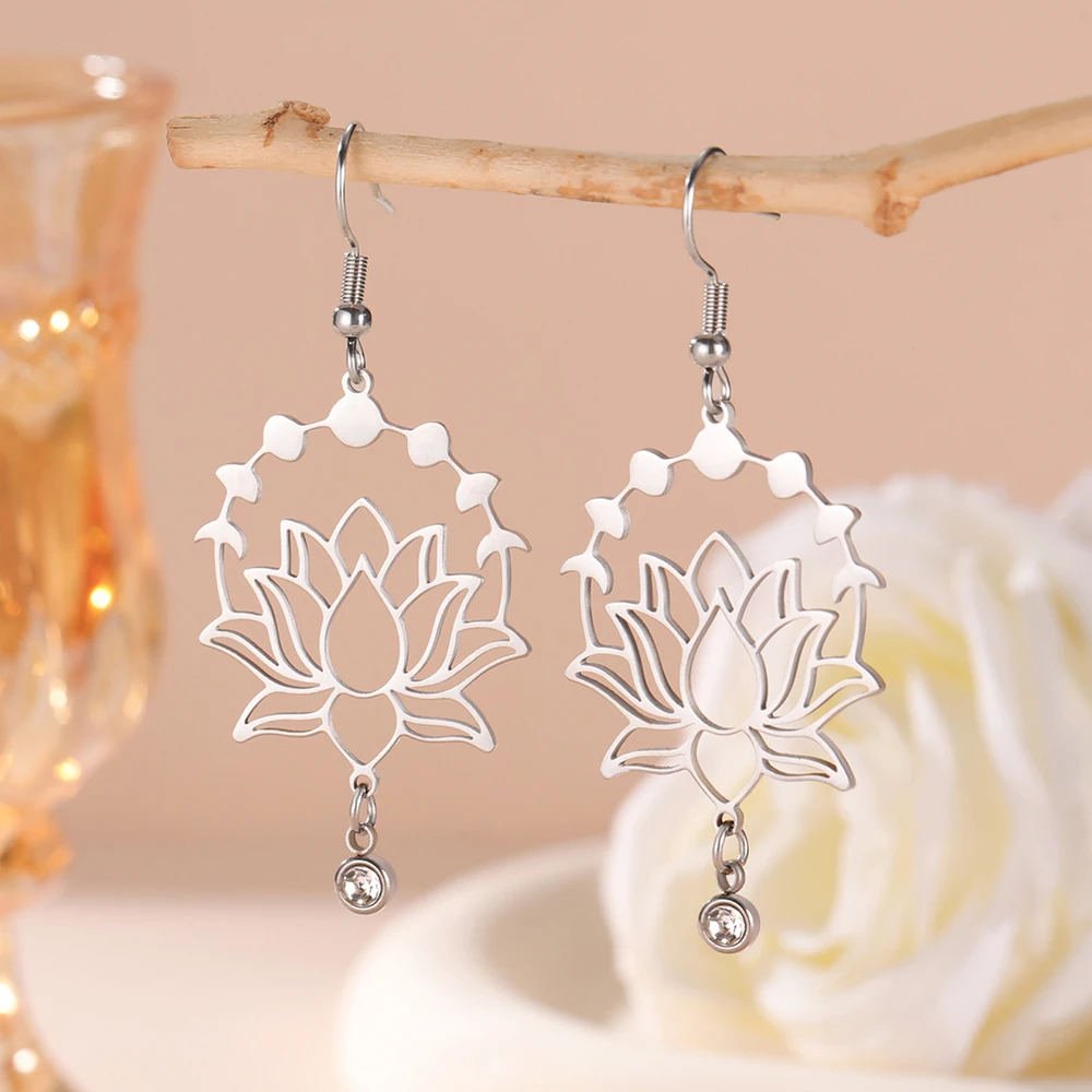 Dawapara Mondphase Lotusblume baumelnde Ohrringe Bohemian klar Zirkon Lotus Yoga spiritueller Schmuck Edelstahl Ohrringe – Detail 9