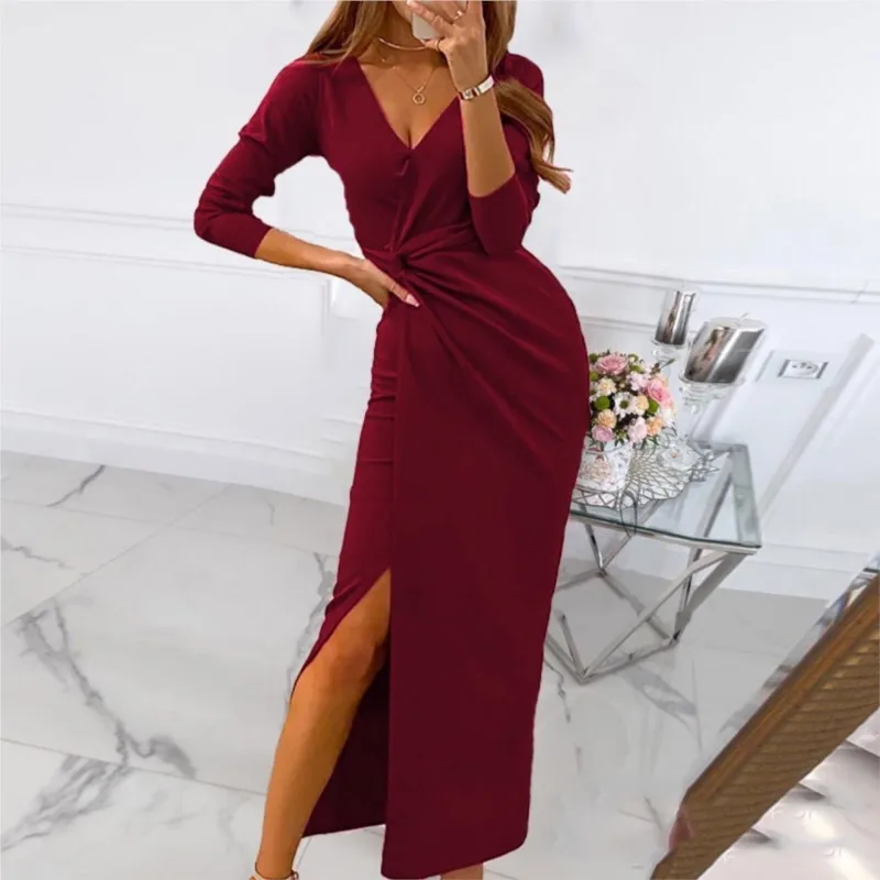 Abiti per le donne 2025 Autunno Slim Hem Split Sexy scollo a V manica lunga Party Abito tinta unita Elegante Autunno Vestido lungo femminile