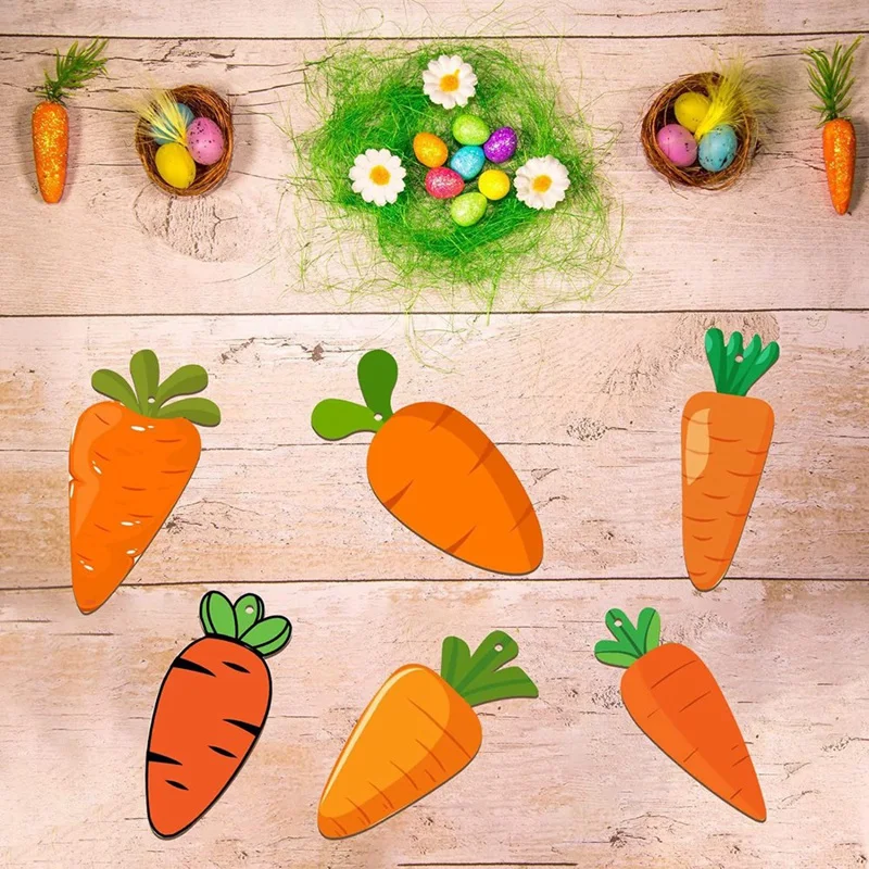 96PCS Easter Wood Cutouts Set Carrot Wooden Hanging Ornaments Unfinished Blank Carrot Shaped Wood DIY Craft Cutouts Kit With Tag