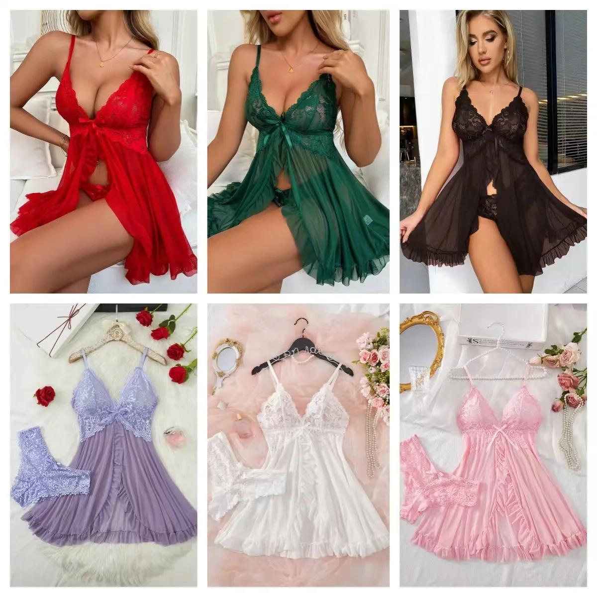 New Summer Erotic Pajamas Home Wear Dress Sexy Lingerie Floral Lace Romantic Nightgown Sheer Seductive Panties Porn Nightdress