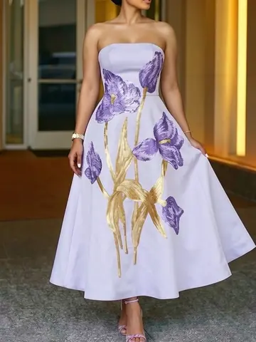 Women's Strapless Printed Flared Midi Dress For Wedding Guest Evening Formal Banquet Elegant Fashion Occasions