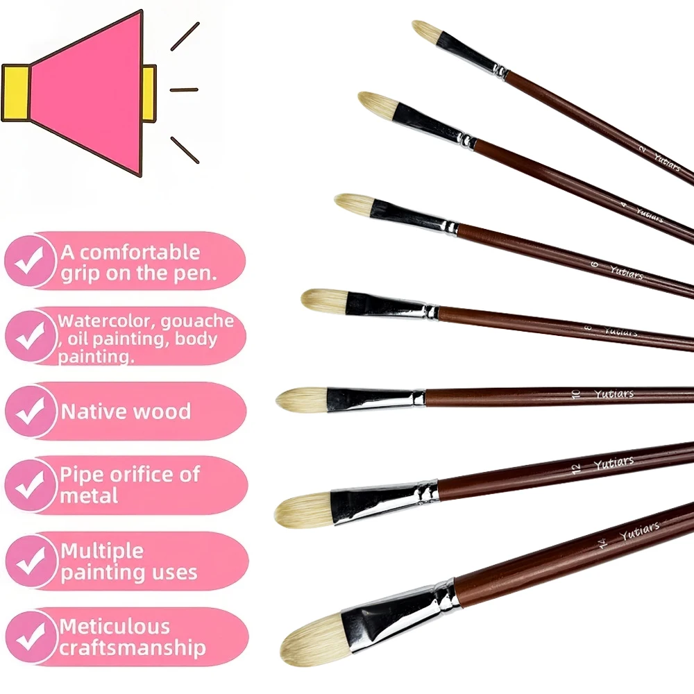 Professional Hog Bristle Filbert Oil Paint Brushes Set, 7pcs Long Wooden Handle Natural Chungking Hog for Oil Acrylic Painting