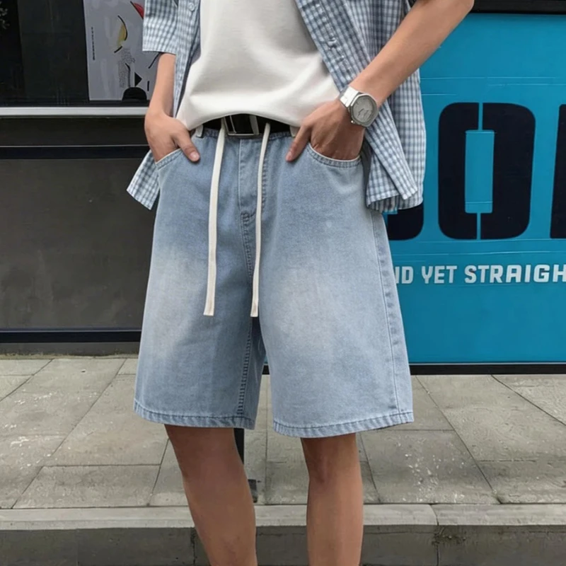 

Washed Cotton Denim Shorts Men Summer Trendy Vintage Cleanfit Jeans Loose Fit Five-Point Jean Pants Man Thin Straight Leg Jeans