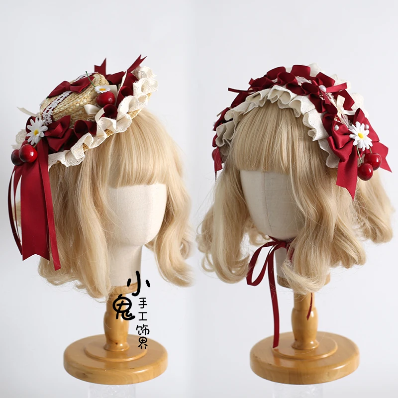 

Original Lolita Sweet Lace Bow Pastoral Straw Hat Cake Headband Girls Wear Hair Accessories Hair Bands for Girls
