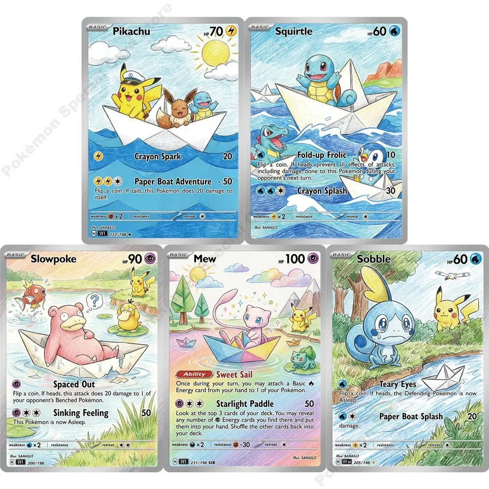 5Pcs PTCG Cards Squirtle Mew Slowpoke Sobble Paper Boat Series Creativity PTCG Collection Cards Rare Holo Cards PTCG Gift