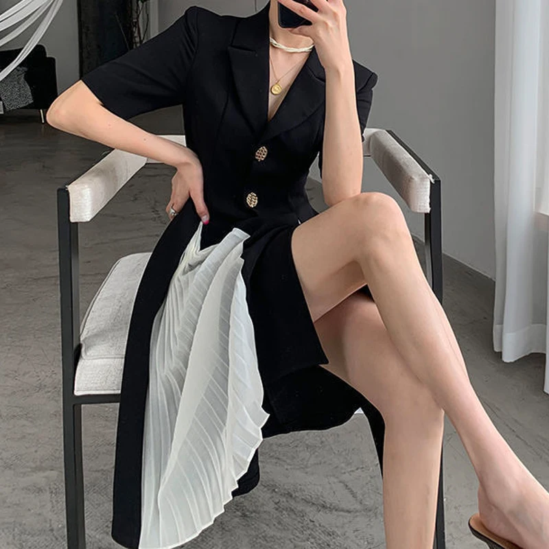 Women Summer Notched Neck Pleated Patchwork Elegant Dresses Fashion Single Breasted Business Casual Office Lady Slim Midi Dress