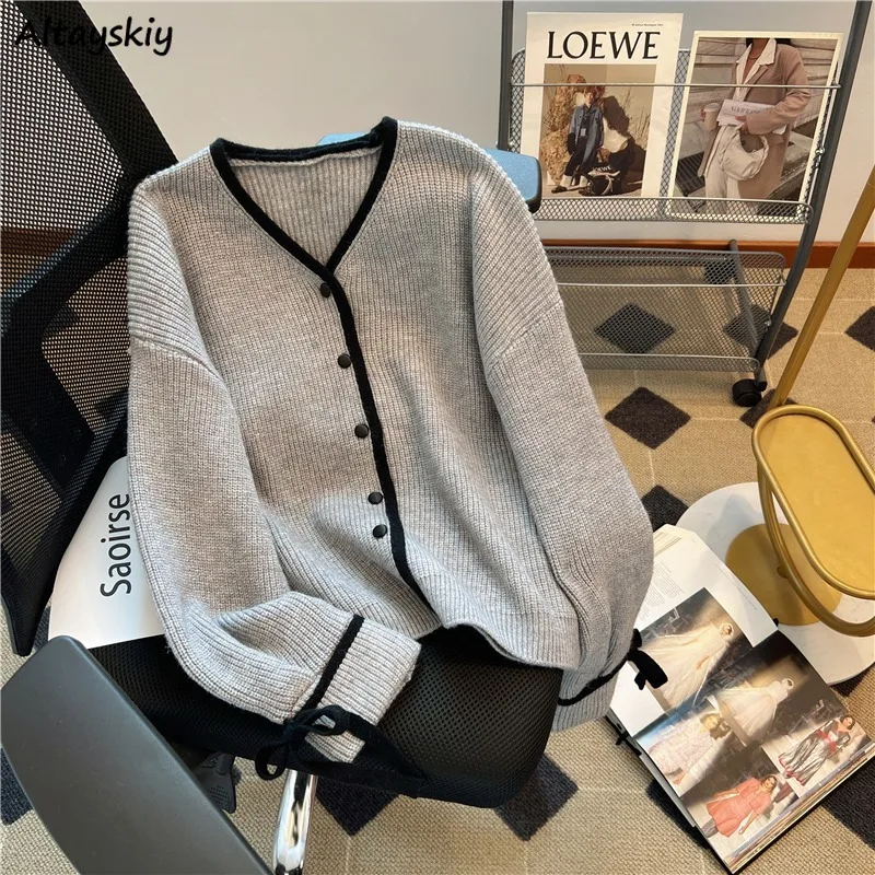 

Panelled Cardigans Women Autumn Gentle Office Ladies Tender Knitted Sweet V-neck Single Breasted Design Leisure Simple All-match