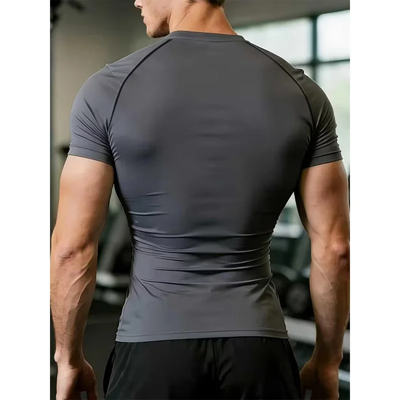 Mens Bodybuilding Sports Tight T-shirt Summer Compression Turtleneck Short Sleeve Gym Fitness Running Quick Dry Male Workout Top