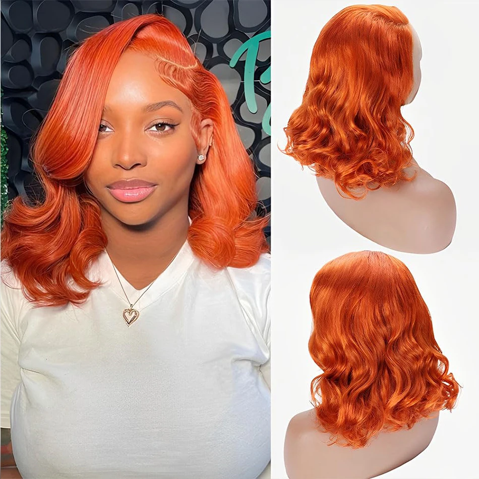 الجسم موجة الزنجبيل البرتقالي شعر مستعار قصير 4x4 HD الدانتيل الشفاف إغلاق الباروكات 200 الكثافة 100% البرازيلي الشعر البشري 350 الباروكات الملونة