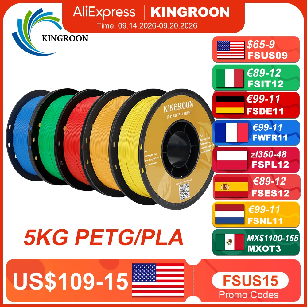 KINGROON 5KG PLA TPU PETG Filament Mix Color 1.75mm 3D Printer Plastic No Bubble Spool 3D Printing Materials Wholesales