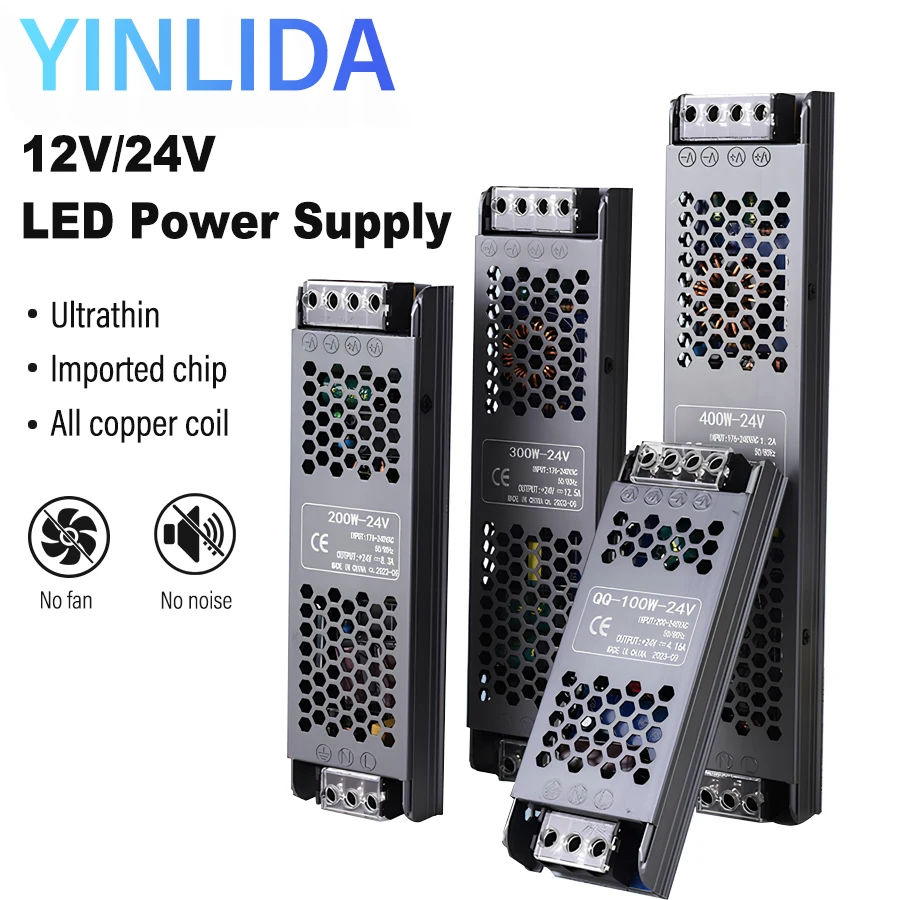 

Источник питания для светодиодов постоянного тока 12 В 24 В, трансформаторы для светодиодного освещения, драйвер, источник питания отключения звука, 60 Вт, 100 Вт, 200 Вт, 300 Вт, 400 Вт, 190-240 В, светодиодная лента