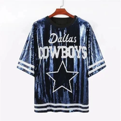 Vestido de jersey feminino de lantejoulas, Tops femininos, Cowboy, Beisebol, Futebol, Jogo, Novo, 2023