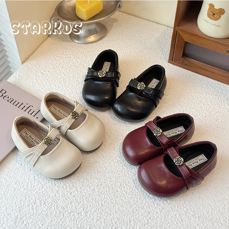 

Flower Buckle Bowknot Design Leather Ballet Flats Kid Girls Retro Floral Mary Janes Baby Child Elegant Round Toe Dress Shoes