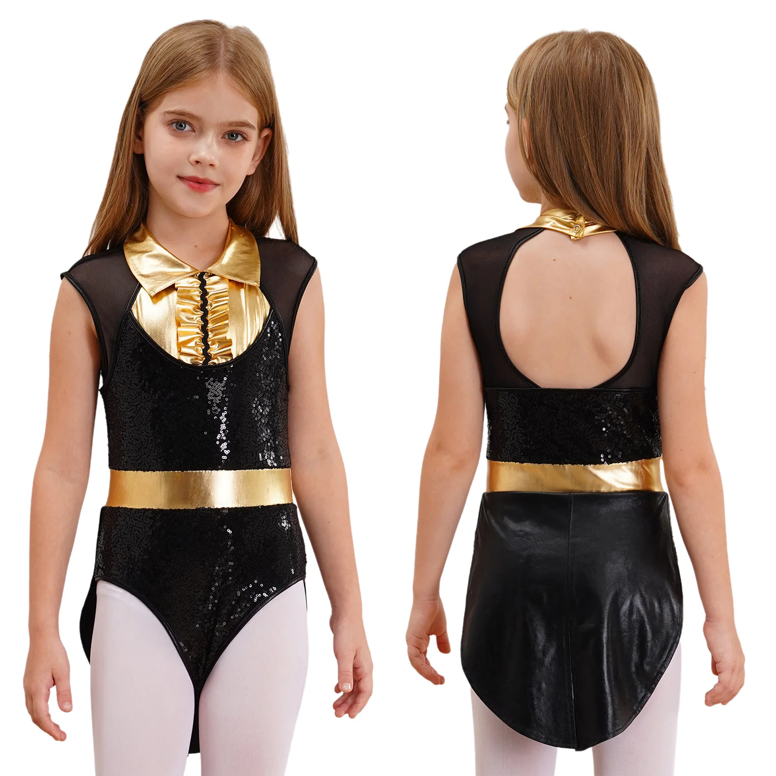 

Halloween Circus Ringmaster Magician Bodysuit for Kids Girls Sleeveless Sequins Tuxedo Leotard Showman Costume Ballet Dancewear