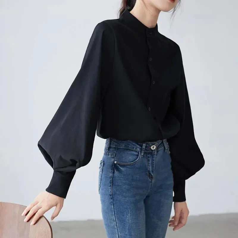 Lucyever Fashion Lantern Sleeve Blouses Woman Autumn Winter Single Breasted Stand Collar Shirts Vintage Work Office Lady Shirt