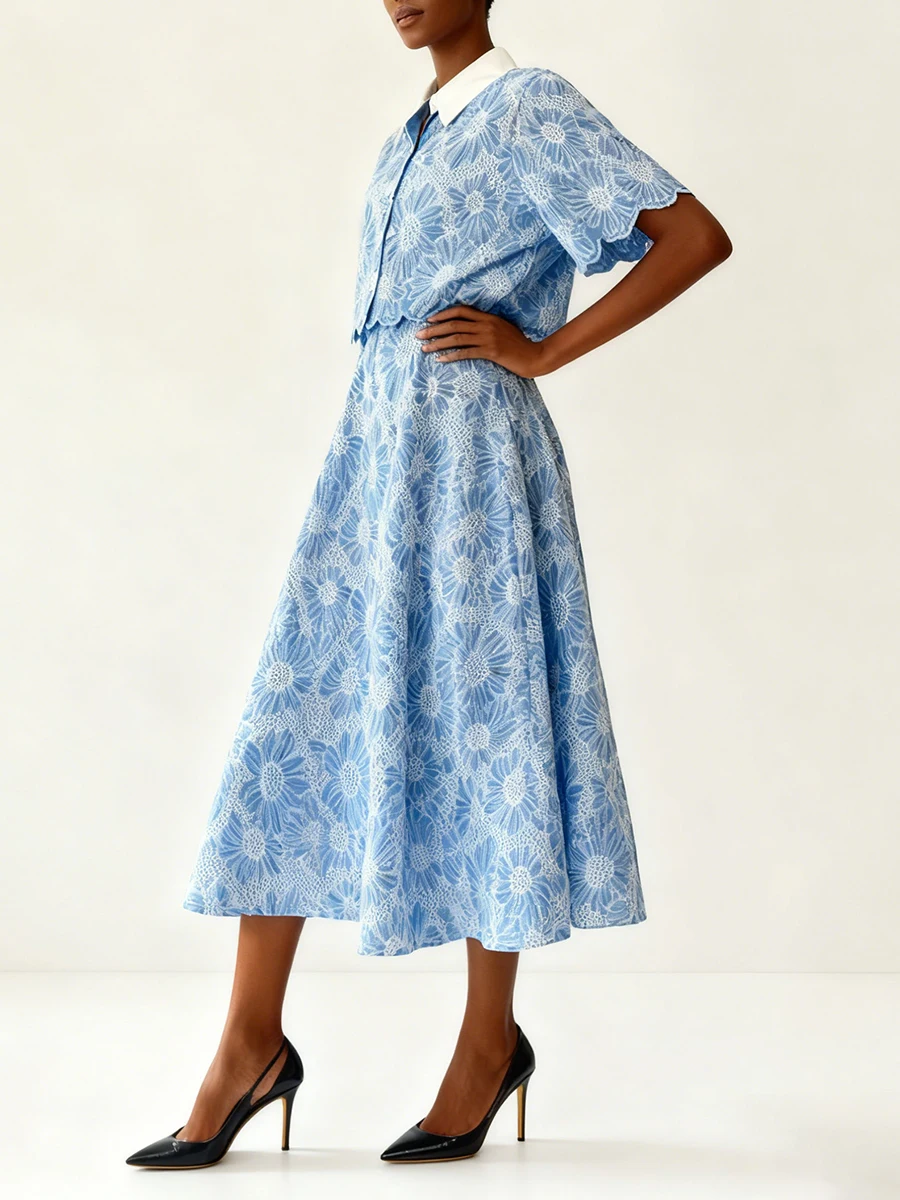 Vgh estilo francês casual impressão conjuntos de duas peças para mulheres lapela meia manga superior saia cintura alta elegante conjunto de emagrecimento feminino novo