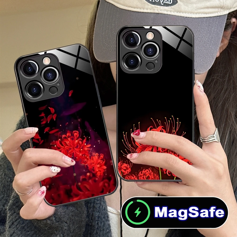 Red Spider Lily Color Mobile Cell Phone Case for iPhone 16 15 14 13 12 11 Pro Max Plus Mini MagSafe Wireless Charging Glass Cove