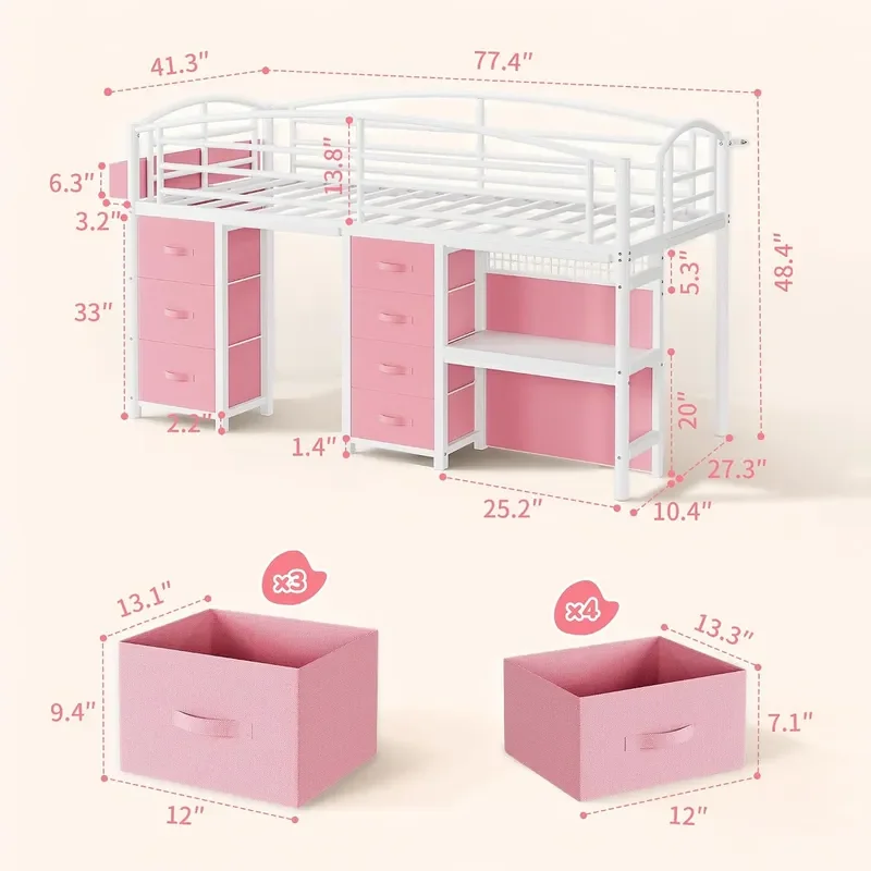Low Loft Bed Twin Size with 7 Storage Drawers Desk and LED Lights Heavy Duty Metal Kids Loft Bed with 13.8 H Safety Guardrail