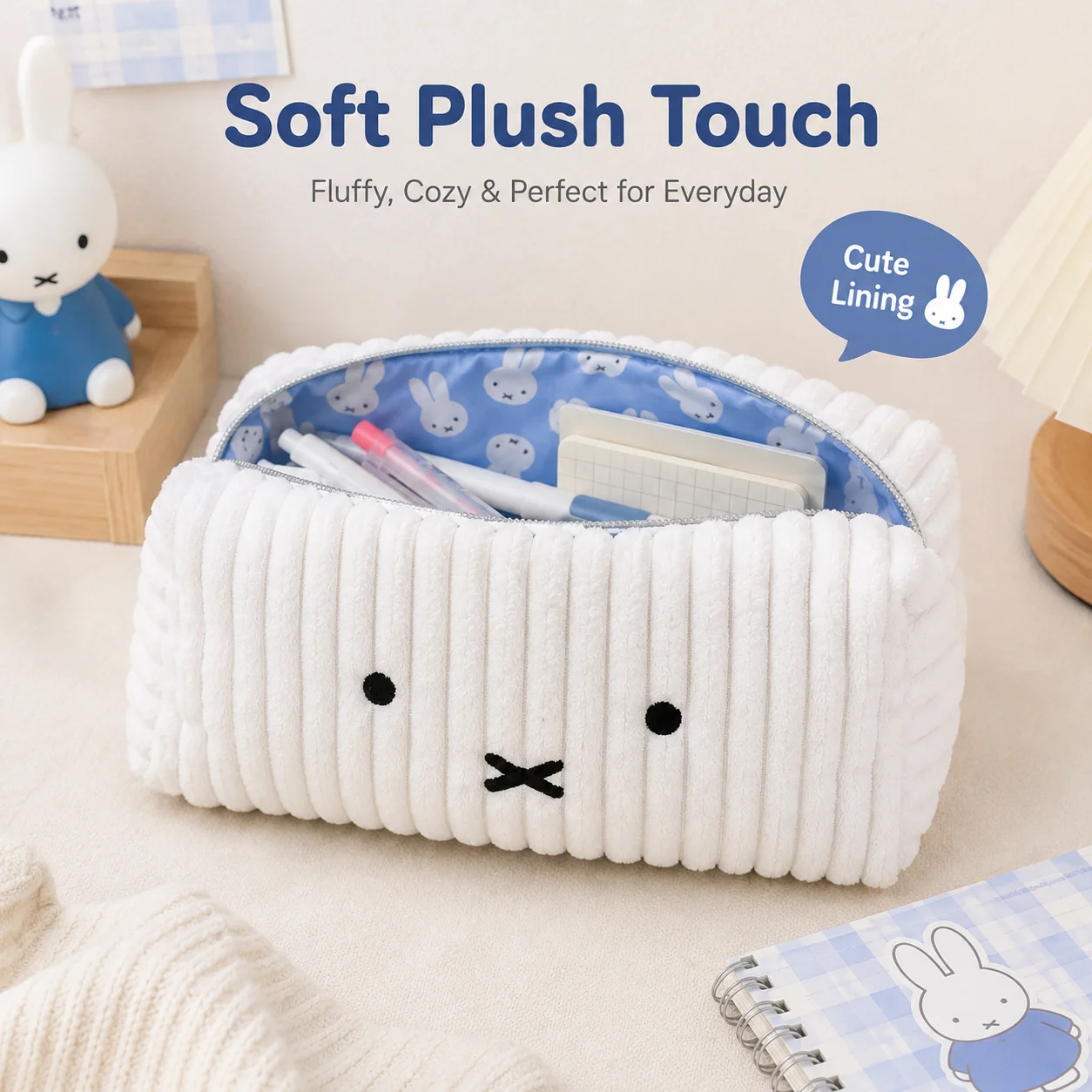 Kawaii Miffy Striped Corduroy Pencil Case Large Capacity Student Stationery Storage Bag Portable Cartoon Cosmetic Makeup Pouch