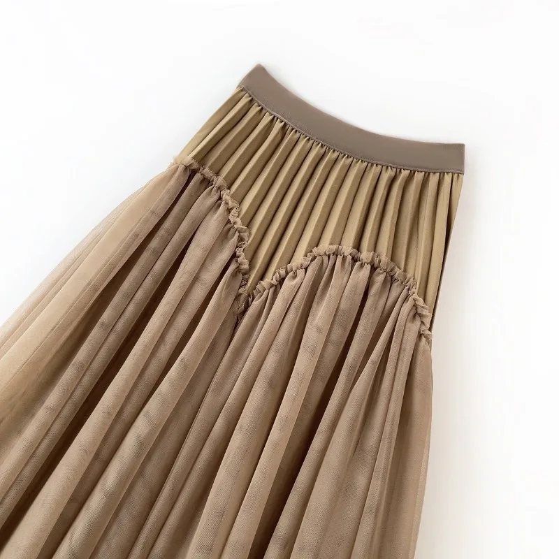 Vintage Harajuku Maxi Skirt Women Pleated Puffy Skirt Design Mesh Patchwork Long Skirts Autumn Chic Skirts Black Dress Trendy