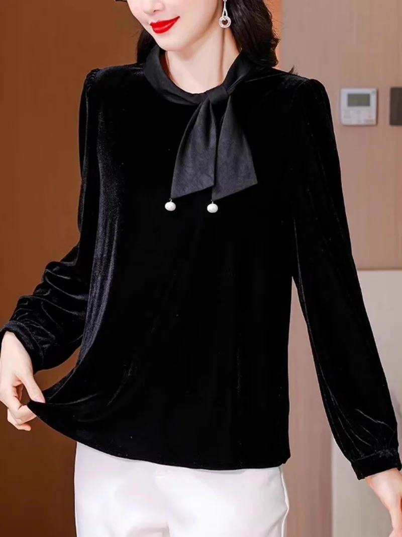 Top de terciopelo con lazo de estilo francés para mujer primavera Otoño e Invierno 2025 Retro de gama alta versátil camisa de manga larga blusa w1799