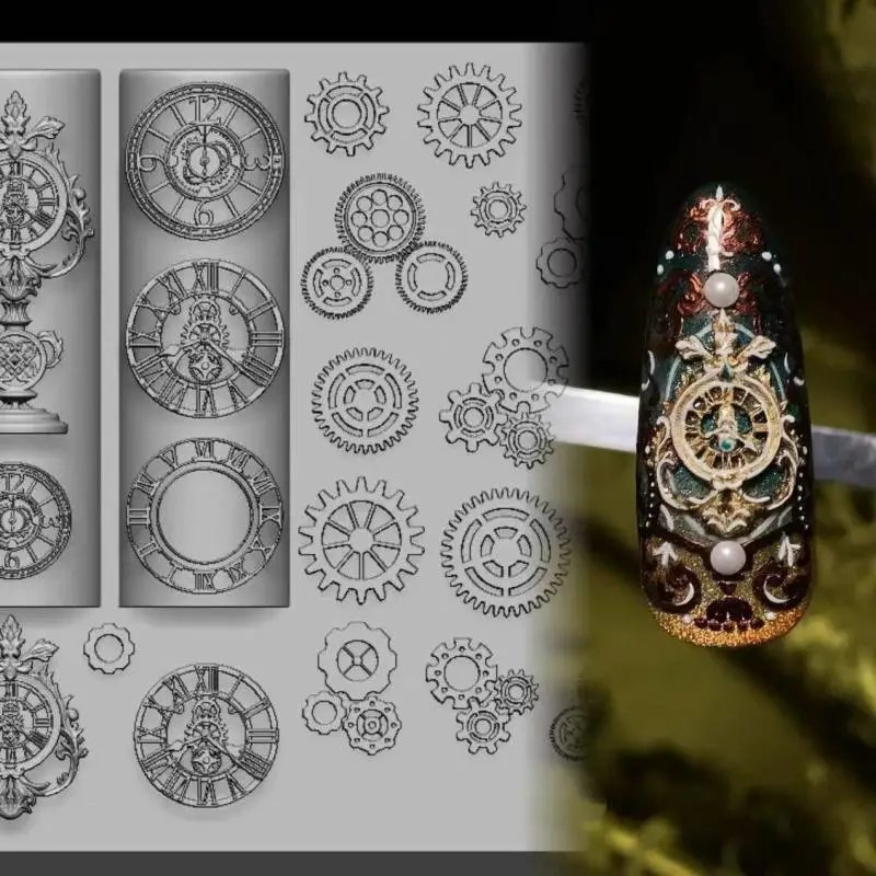 Exquisite Clock Gears 3D Silicone Nails Mold For Nail Charms DIY Nail Art Decorations Soft Stamping Mold Manicure Design Tools