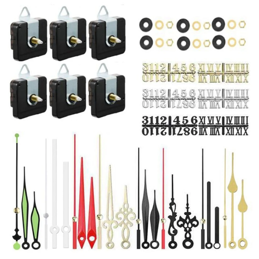 ABJS 6Pcs 16mm Quartz DIY Wall Clock Movement Mechanism Kit with 8 Different Pairs Hand Diy 6 Clock Numerals Movement Set